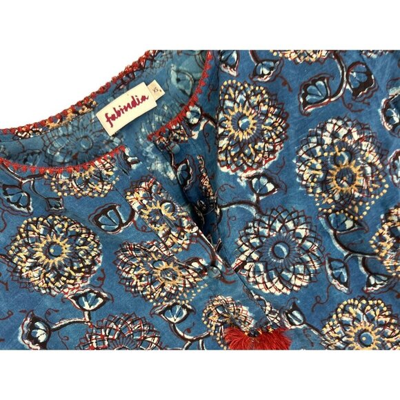 FABINDIA Printed Cotton Collared Tunic Peasant Boho Blouse Blue Size XSmall - Picture 4 of 9